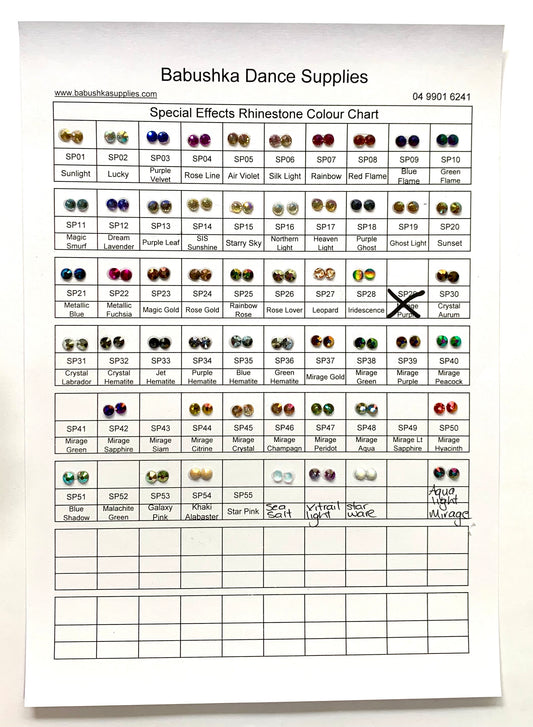 Special Effects Rhinestones #1 - Colour Chart