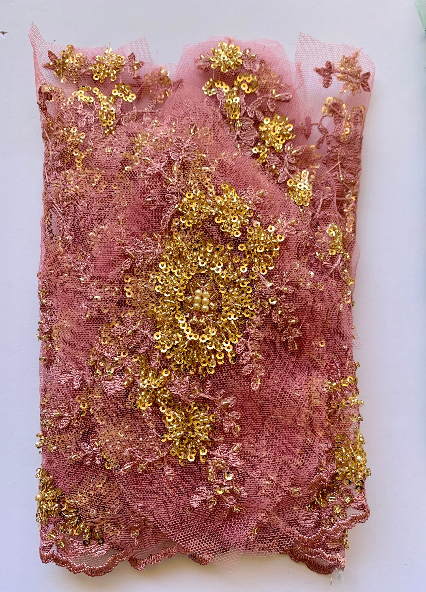 Beaded Lace Border - Dusky Pink and Gold
