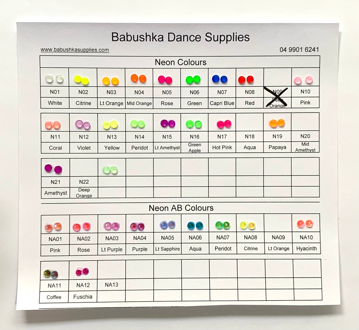 Neon Rhinestones - Colour Chart