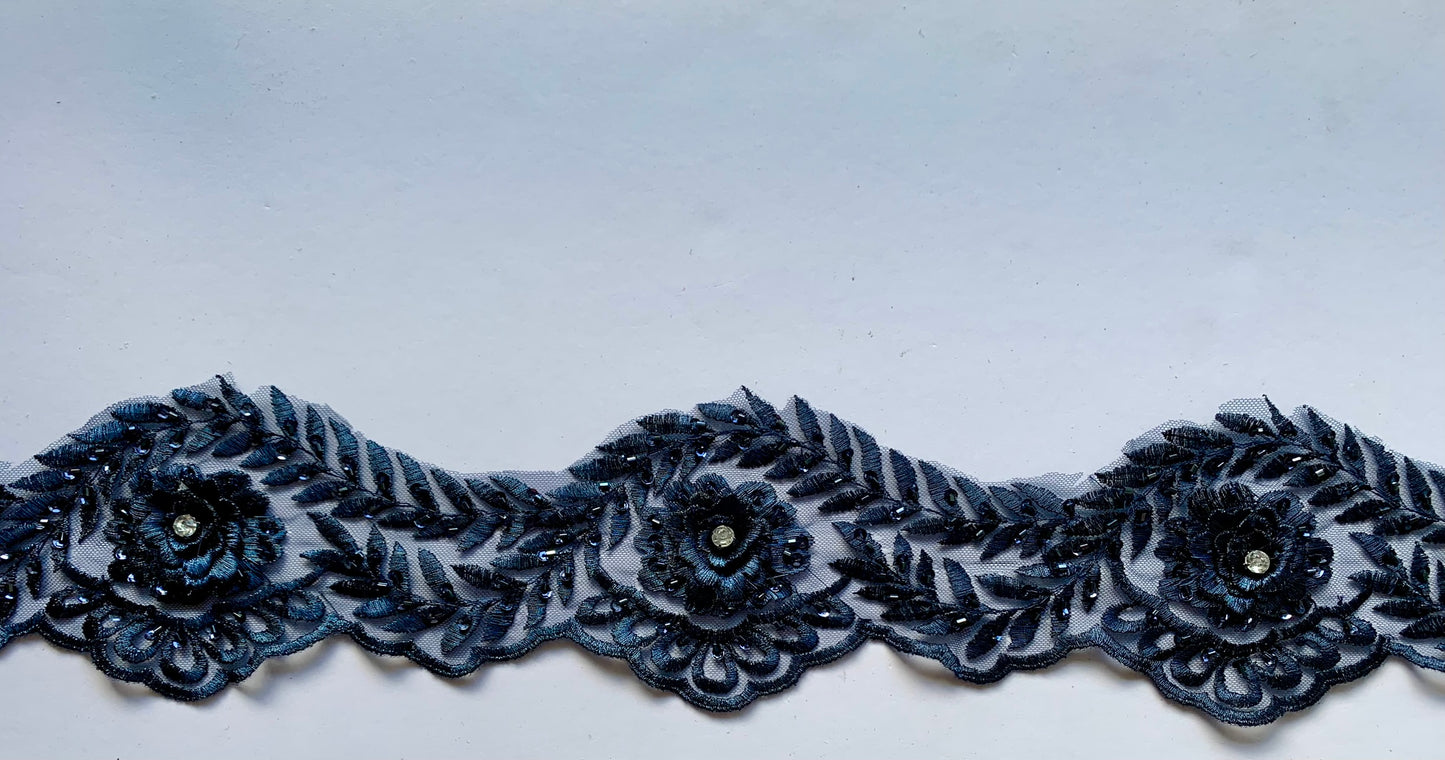 Navy Beaded Lace Border Trim -#2 -BBT#5