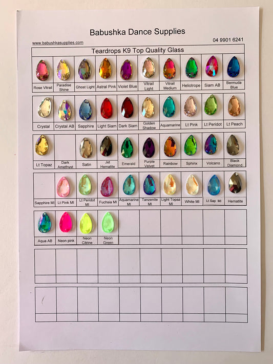 K9 Glass Teardrops - Colour Chart