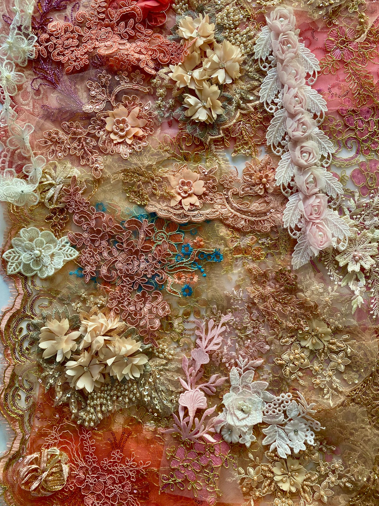 Lace Remnants -Coral Peach and Pink Mix