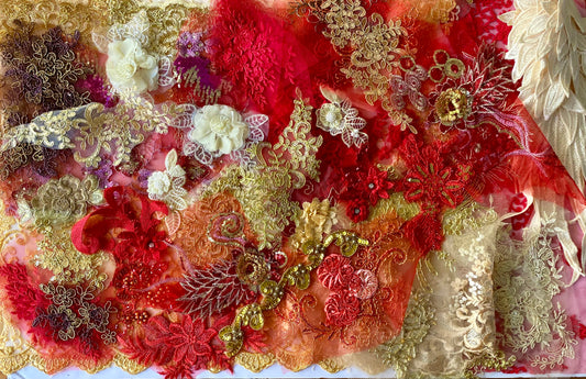 Lace Remnants -Red and Gold