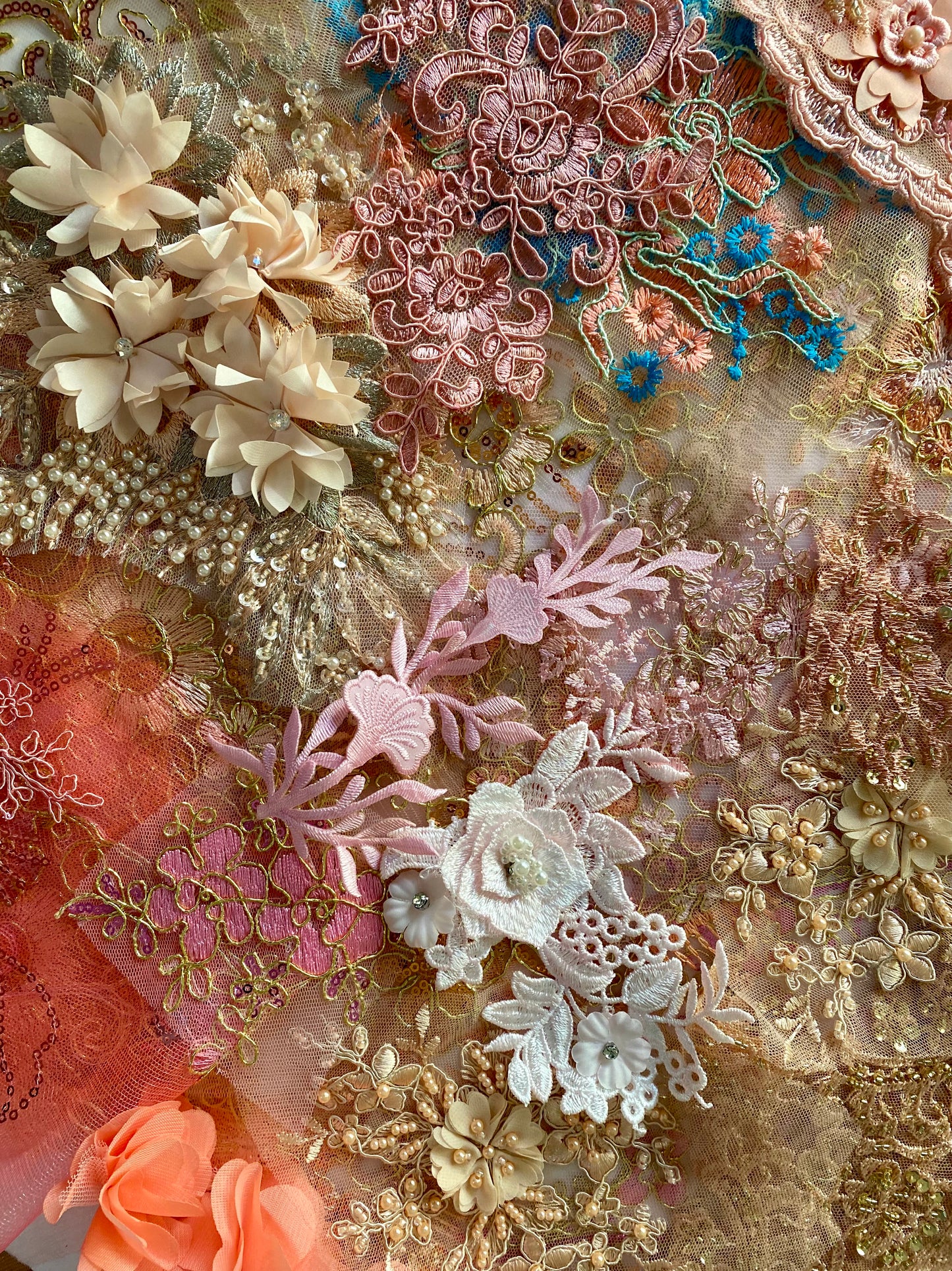 Lace Remnants -Coral Peach and Pink Mix