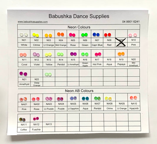 Neon Rhinestones - Colour Chart