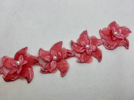 Organza Flower Lace Trim - Dark Pink  #LTDP