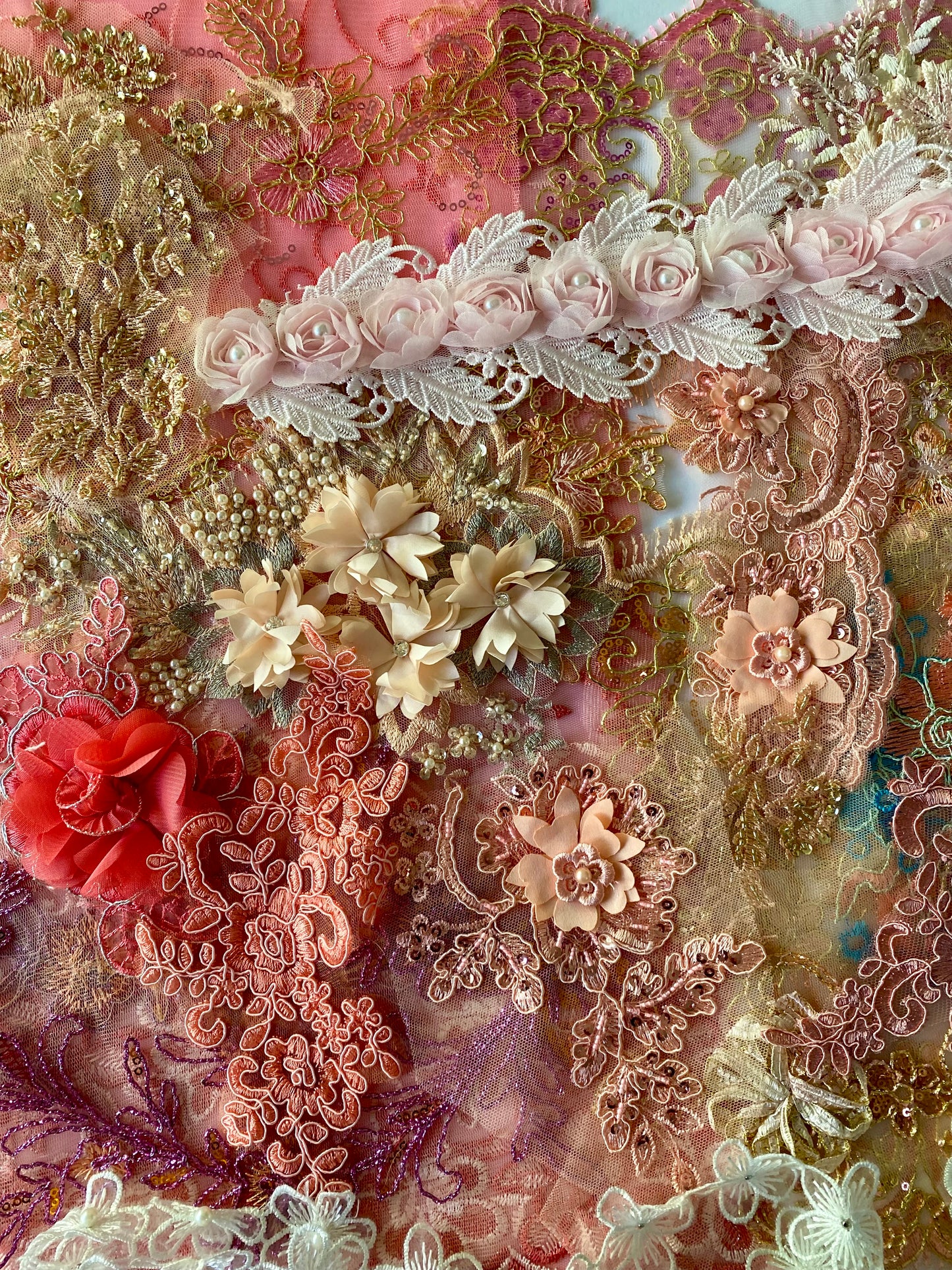 Lace Remnants -Coral Peach and Pink Mix