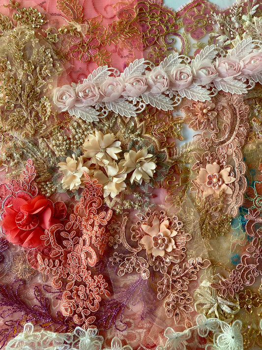 Lace Remnants -Coral Peach and Pink Mix