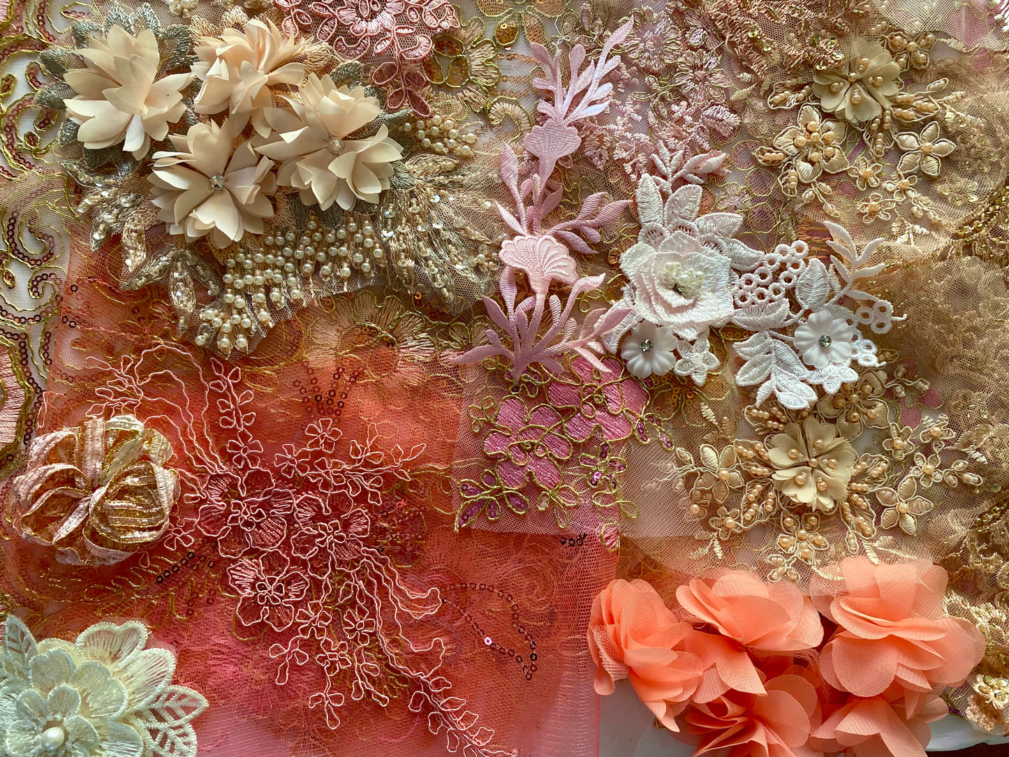 Lace Remnants -Coral Peach and Pink Mix