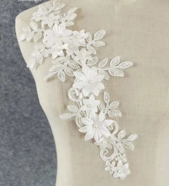 White Applique with 3D Flowers - Med