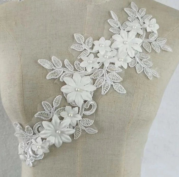 White Applique with 3D Flowers - Med