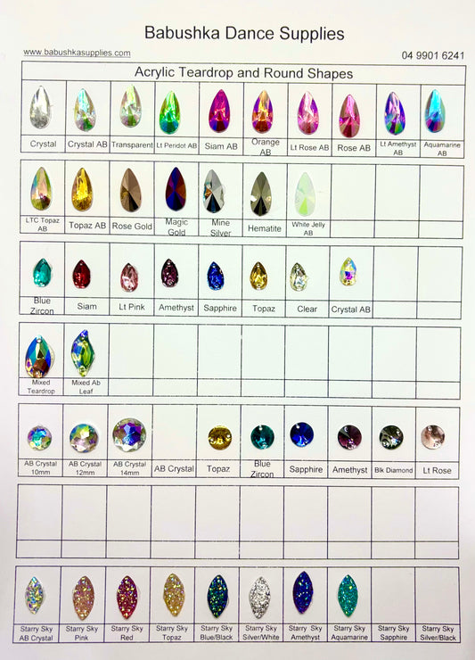 Acrylic Teardrop - Colour Chart
