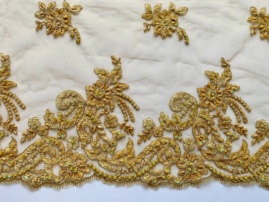 Delicate Beaded Lace Border - Gold AB