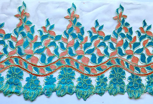 Turquoise and Apricot Lace Border Trim - LBT#41